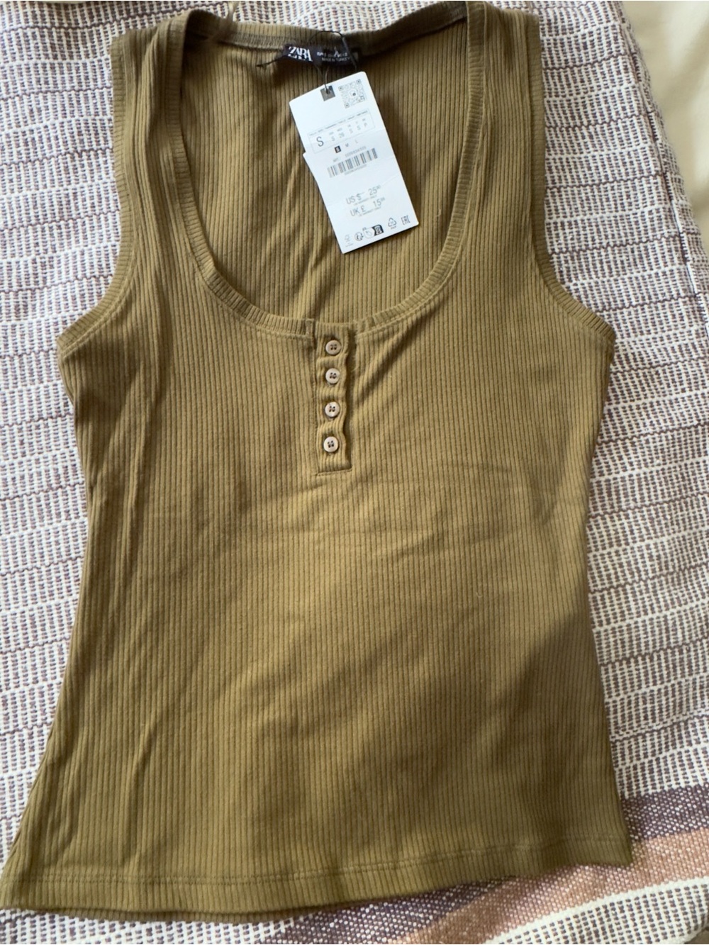 NWT Zara Olive Ribbed Henley Tank Top - Women's